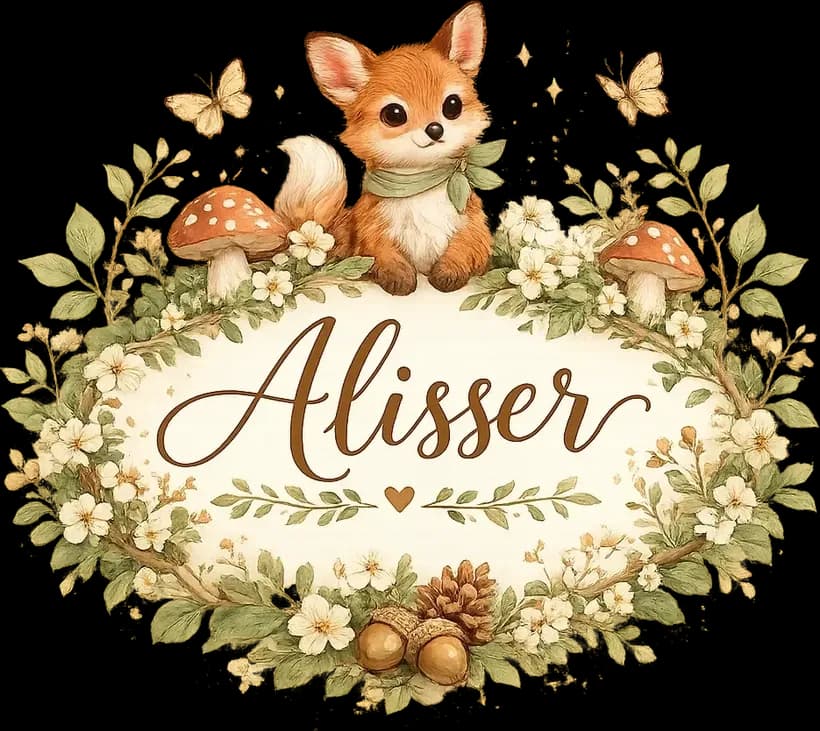 Logotipo do Alisser: uma raposinha entre cogumelos e flores, com o nome Alisser